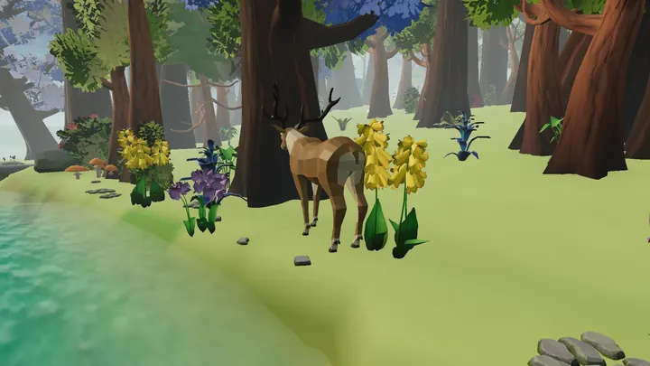 A stag among yellow flowers at the water's edge