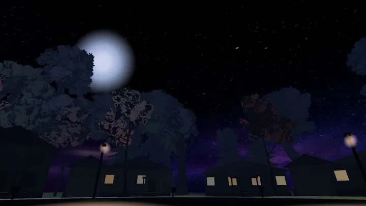 A moonlit street of small houses under a starry sky