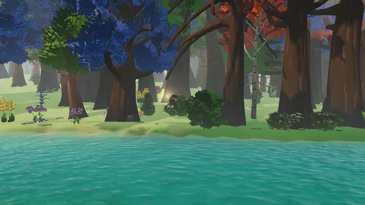 A turquoise pond under tall blue and red trees
